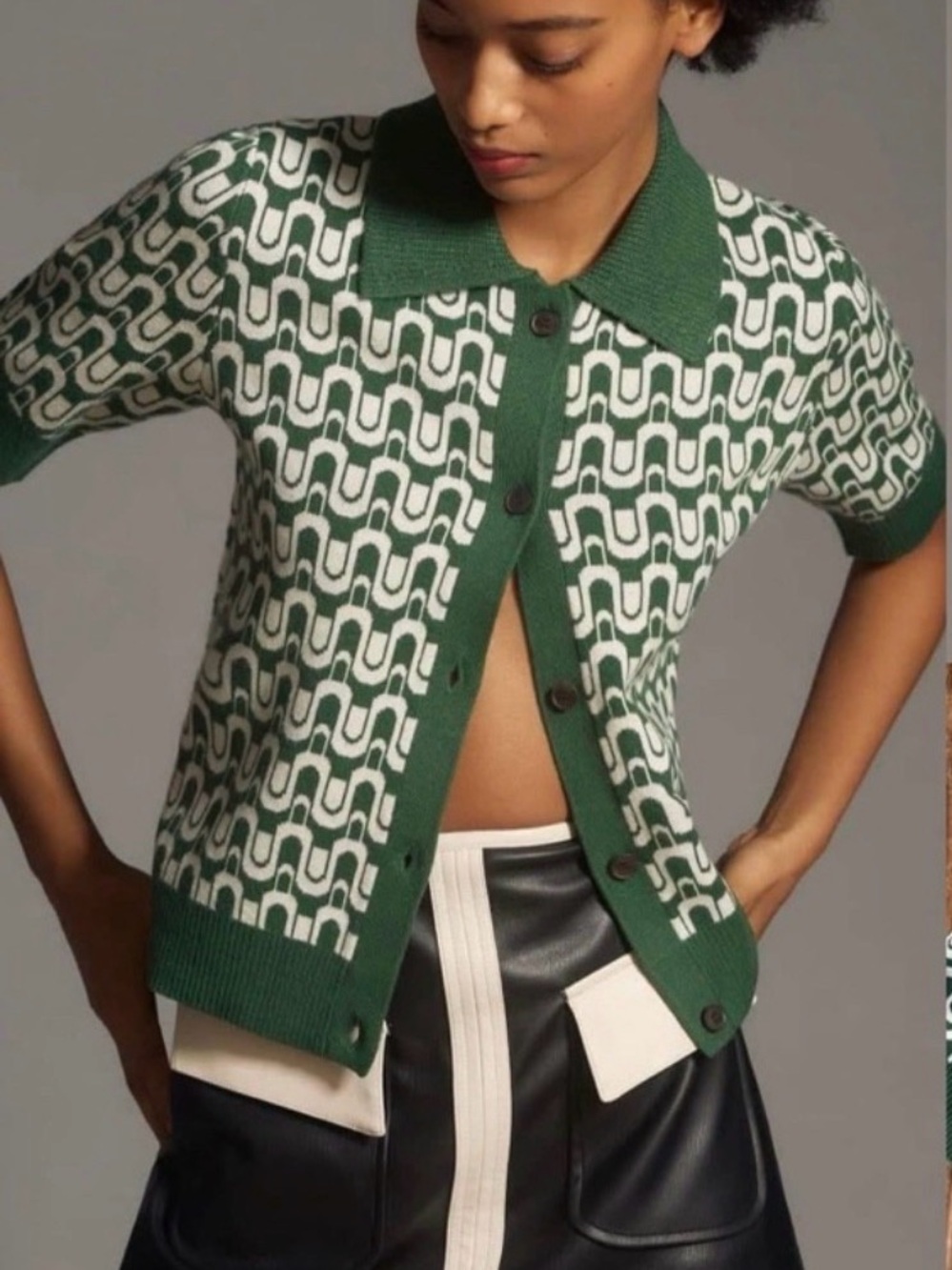 Anthropologie Maeve Kinsley Mod Collared Cropped Sweater Cardigan Green XS NWT